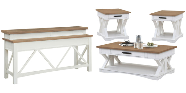 Destined to be the heart of any conversation area, the Americana Modern Cocktail Table is a must-have. Crafted in a soft Cotton white finish, it features a contrasting wood-grain top in Weathered Natural. A lower open area is perfect for storage and displ