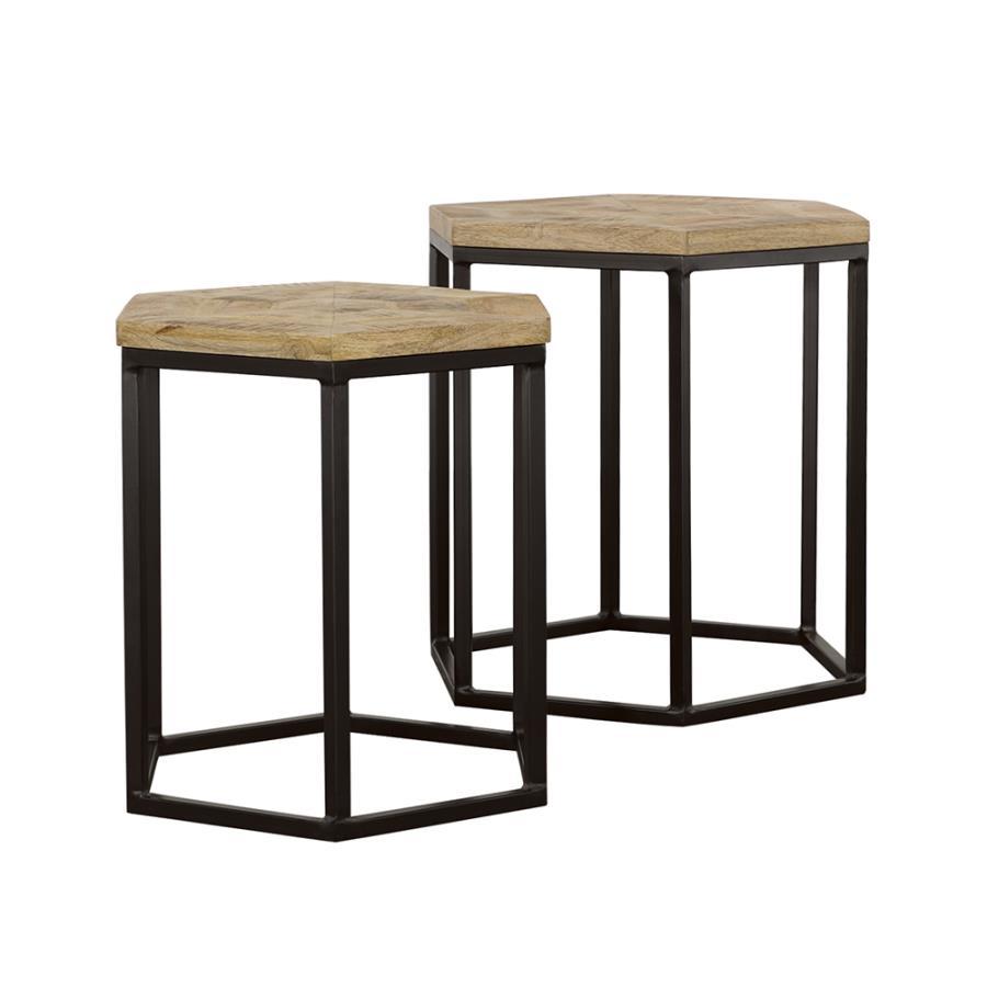 Add a modern geometric touch to your space with this two-piece nesting table set, designed for both functionality and visual appeal. Featuring solid mango wood hexagonal tops, these tables showcase the natural wood grain for a warm, organic look. The slee