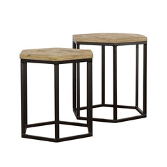 Add a modern geometric touch to your space with this two-piece nesting table set, designed for both functionality and visual appeal. Featuring solid mango wood hexagonal tops, these tables showcase the natural wood grain for a warm, organic look. The slee