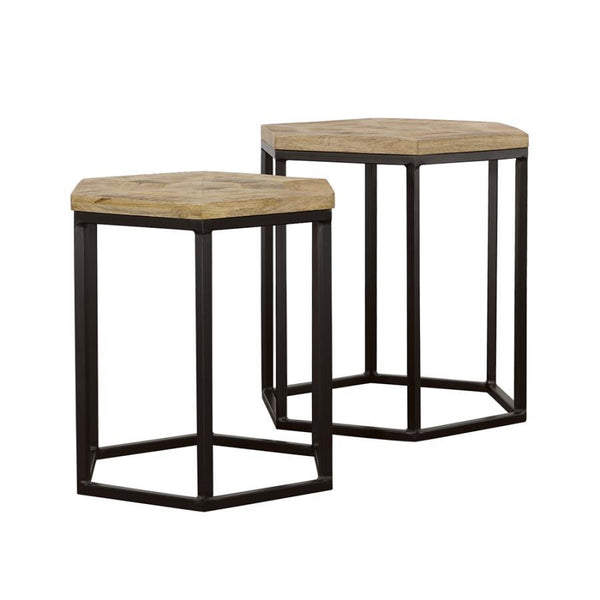 Add a modern geometric touch to your space with this two-piece nesting table set, designed for both functionality and visual appeal. Featuring solid mango wood hexagonal tops, these tables showcase the natural wood grain for a warm, organic look. The slee