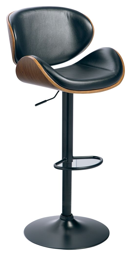 Style takes quite a modern turn. Sporting a distinctively contoured back and seat design, this upholstered swivel bar stool is sure to bring an elevated look to your living space. Wrapped in a brown faux leather upholstery, the seating areaâ€™s artful con