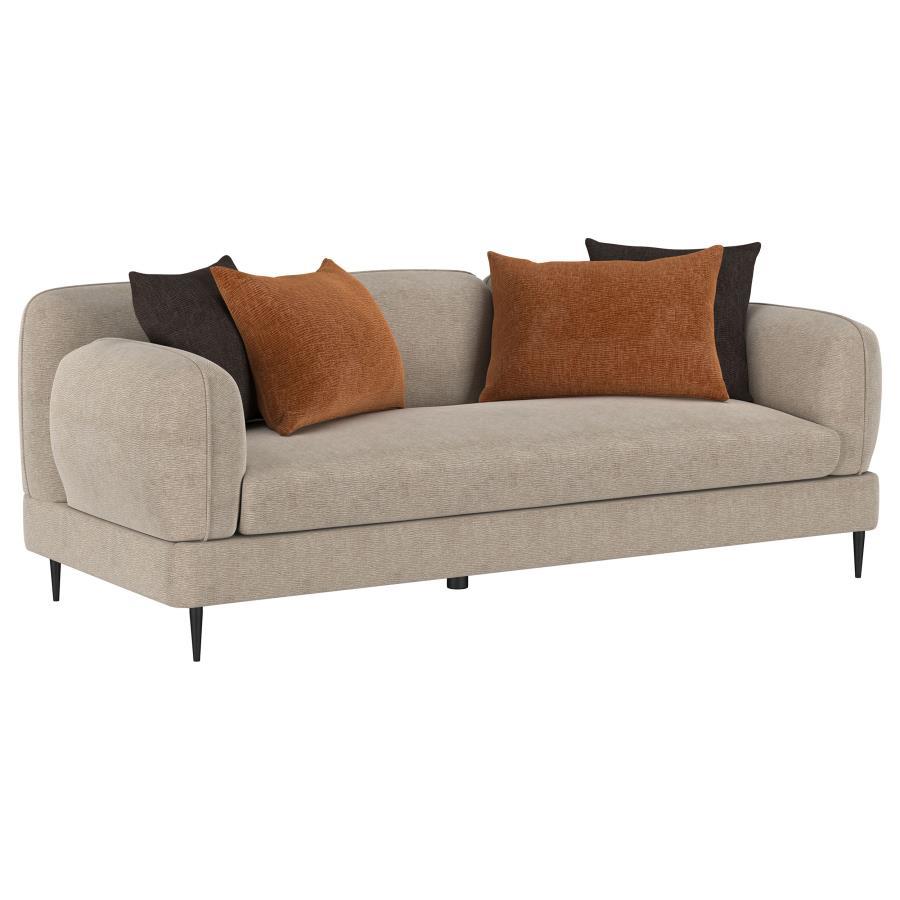 Experience a sophisticated blend of architectural design and plush comfort with this sofa. The latte chenille upholstery provides a subtle textured appeal, complemented by sculpted round arms and a matching back that mirror each otherâ€™s clean lines. Its