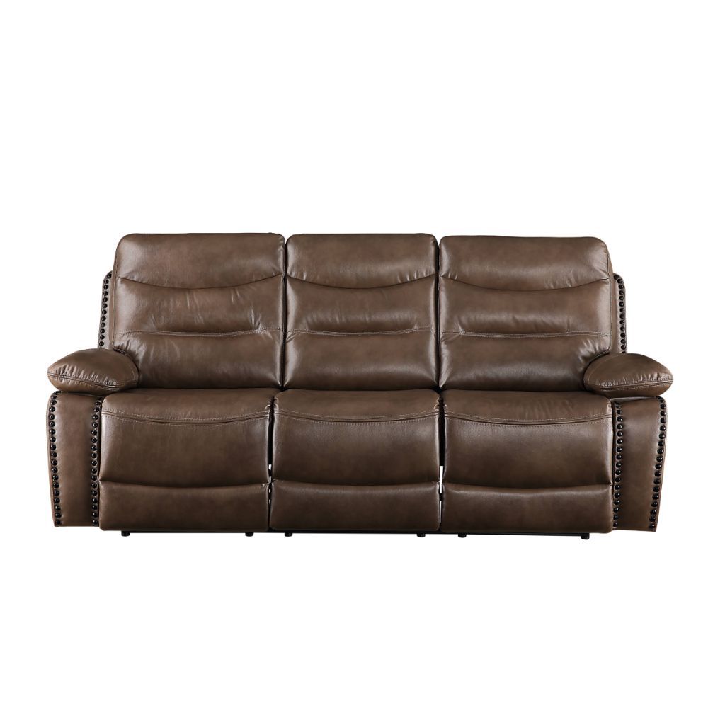 The Aashi motion sofa set is upholstered in soft leather-gel match in a timeless, rich brown color. Horizontal tufting on the backrest cushions add some style to this set, while the pillow top armrests ensure total comfort when you nestle into the pocket 