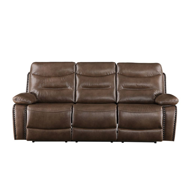 The Aashi motion sofa set is upholstered in soft leather-gel match in a timeless, rich brown color. Horizontal tufting on the backrest cushions add some style to this set, while the pillow top armrests ensure total comfort when you nestle into the pocket 