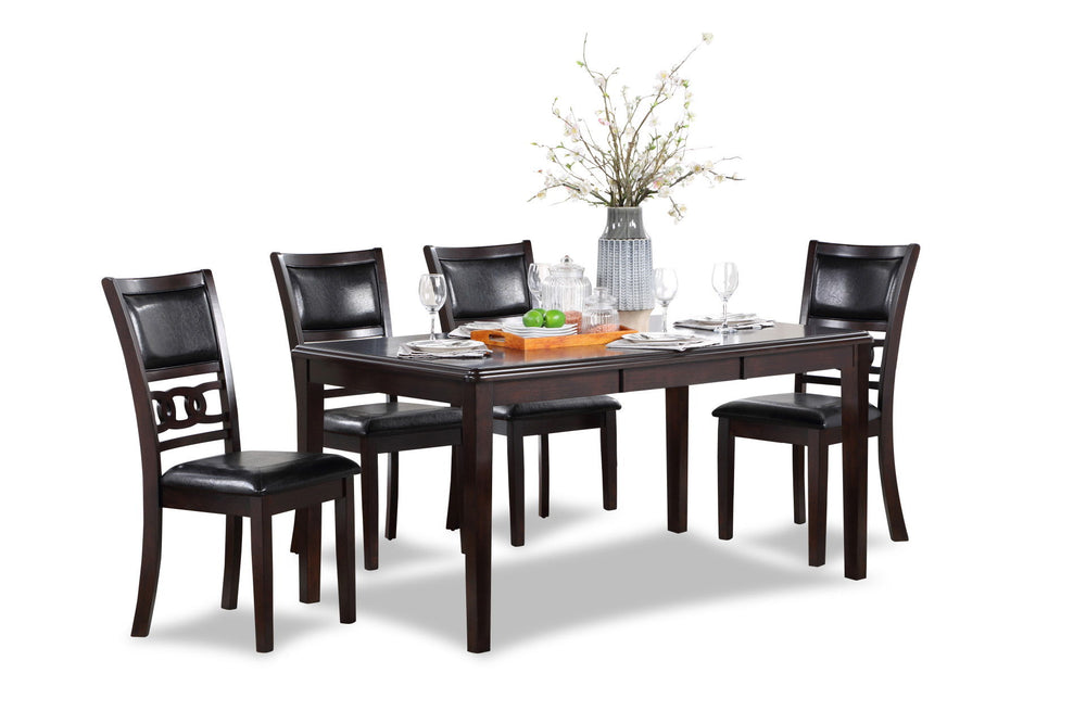 The New Classic Gia 5-Piece Wood Rectangle Dining Set is crafted from solid Rubberwood and Mindi veneers for a perfect blend of durability and aesthetic appeal. The dark ebony finish, achieved through a meticulous multistep process and clear coat, accentu