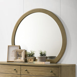  a perfect blend of classic and modern design elements. The mirror features a natural pine finish that complements the solid pine wood construction of its matching dresser. Its round shape adds 