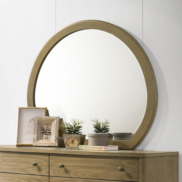  a perfect blend of classic and modern design elements. The mirror features a natural pine finish that complements the solid pine wood construction of its matching dresser. Its round shape adds 