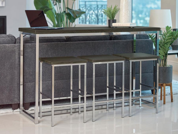 Update any living space with the rich, modern design of this four-piece, counter height table set. Complete with one table and four stools, this versatile set creates a stylish gathering space in any room. The rectangular table features a scratch-resistan