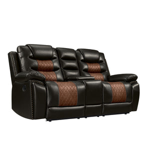 Experience the perfect blend of comfort and functionality with the Nikko Dual Recliner Storage Console Loveseat with Hidden Cupholders in brown. This loveseat, constructed with hardwood and plywood frames, ensures long-lasting durability and stability. Th