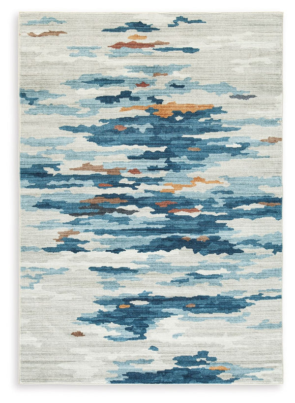 Add abstract flair to your floor with this rug. In a mixed palette of cool hues and muted neutrals, itâ€™s a subtly striking way to add contemporary color underfoot. Donâ€™t want to deal with upkeep? The rug is machine washable for easy care.<br/><br/><b>