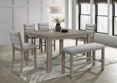 This dining set exudes modern elegance with its counter-height design and a soft grey finish that beautifully complements any contemporary decor. The set features a sturdy, expandable square table that balances clean lines with a rustic wood grain texture