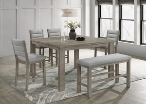 This dining set exudes modern elegance with its counter-height design and a soft grey finish that beautifully complements any contemporary decor. The set features a sturdy, expandable square table that balances clean lines with a rustic wood grain texture