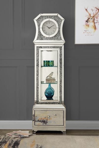 Assembled. Roman numeral. Clock Number. 1 x AA1.5V Battery Required. Quartz mechanism.<br/><br/><b>Product Features</b><ul><li>Grandfather Clock</li><li>Standing Flat Wall</li><li>Storage: 4 Tier Shelf & 1 Storage Drawer</li><li>Beveled Mirrored Case-Fram