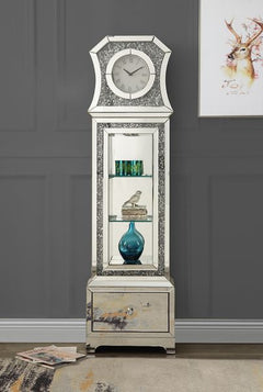 Assembled. Roman numeral. Clock Number. 1 x AA1.5V Battery Required. Quartz mechanism.<br/><br/><b>Product Features</b><ul><li>Grandfather Clock</li><li>Standing Flat Wall</li><li>Storage: 4 Tier Shelf & 1 Storage Drawer</li><li>Beveled Mirrored Case-Fram