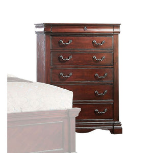 The Estrella (Beverly) Chest Is made of hardwood solids with six drawers to store bedding, clothing, and more. The narrow, felt-lined top drawer is perfect for delicate items. Crown molding and bronze metal hardware complete this dark cherry chest.<br/><b