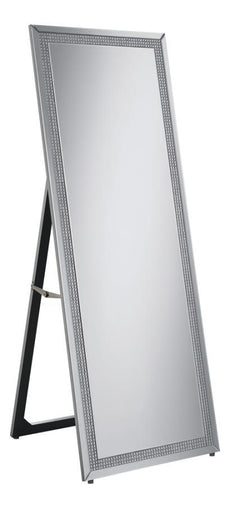 This standing mirror offers a polished balance of function and glamour, framed in sleek mirrored panels with an inset of faceted acrylic crystal inlay. Designed for full-length reflection, its clean rectangular silhouette is supported by an easel back for
