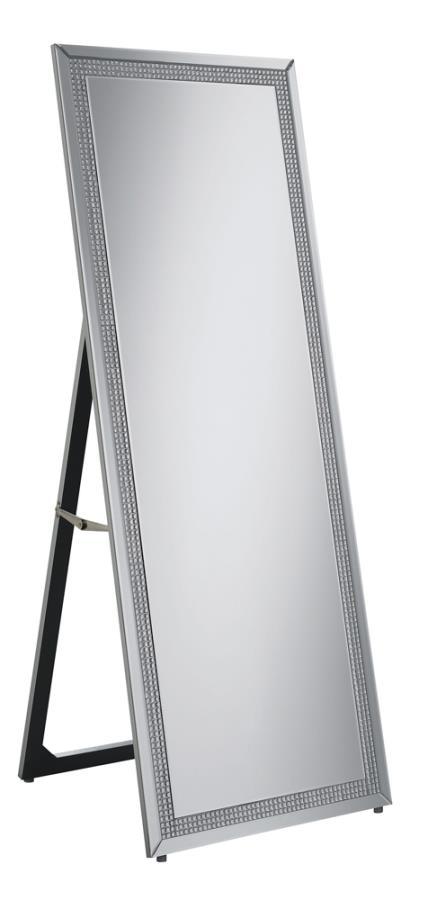 This standing mirror offers a polished balance of function and glamour, framed in sleek mirrored panels with an inset of faceted acrylic crystal inlay. Designed for full-length reflection, its clean rectangular silhouette is supported by an easel back for