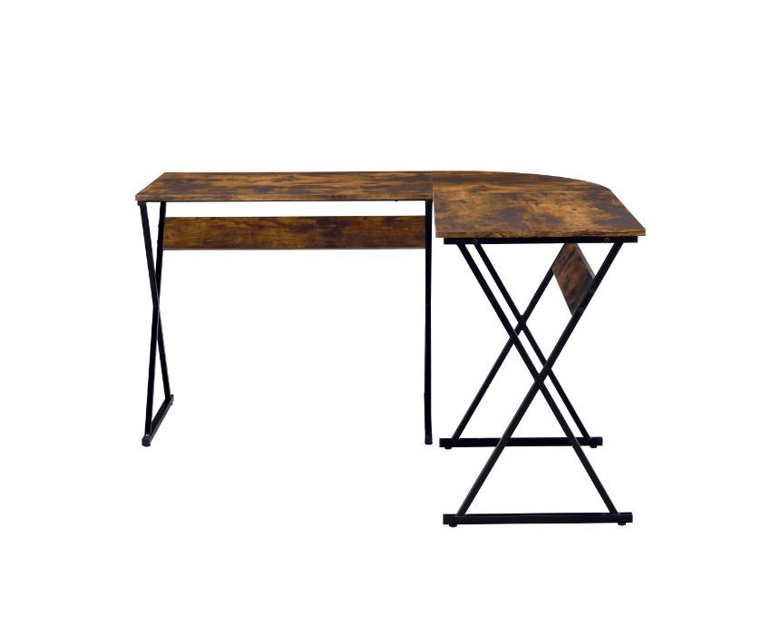 Strike a balance between contemporary design and age-old materials. The Zafiri Desk features an modern L-shaped top , with round corner design for both safety and style. The classic combination of rustic wood and black metal infuse the desk with an old-wo