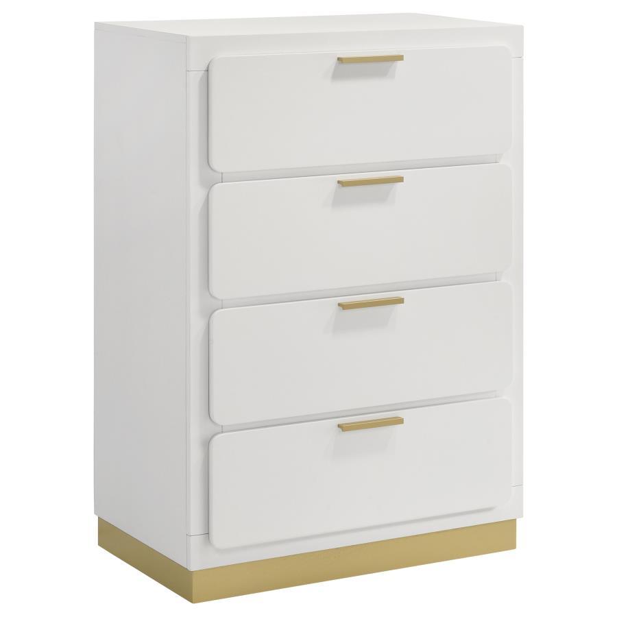 Modern luxury with a minimalist look offers a perfect fit for updated bedrooms as the four-drawer chest enhances a sleek master suite or guest bedroom. Wood and wood products construct a dresser with clean lines and a stylish Mid-Century Modern vibe. This