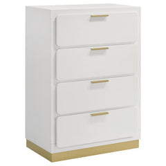 Modern luxury with a minimalist look offers a perfect fit for updated bedrooms as the four-drawer chest enhances a sleek master suite or guest bedroom. Wood and wood products construct a dresser with clean lines and a stylish Mid-Century Modern vibe. This