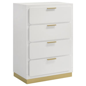 Modern luxury with a minimalist look offers a perfect fit for updated bedrooms as the four-drawer chest enhances a sleek master suite or guest bedroom. Wood and wood products construct a dresser with clean lines and a stylish Mid-Century Modern vibe. This
