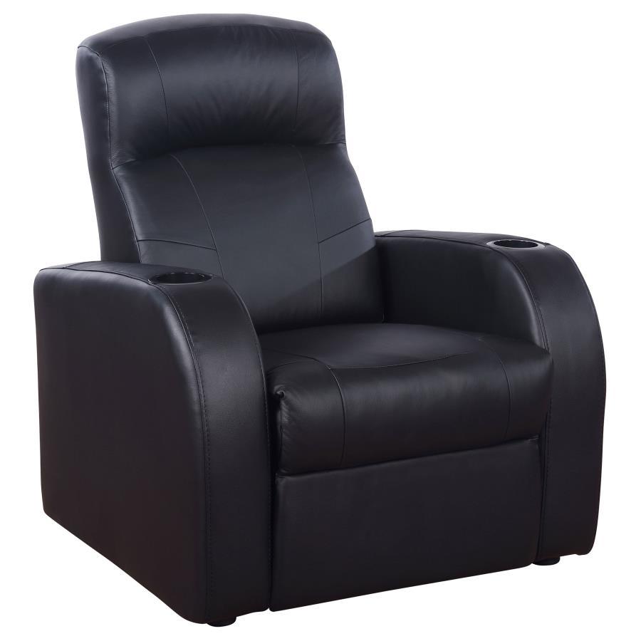 Sophisticated and modern, this sleek black recliner is perfect for a home theater. Designed with comfort in mind, the seat features a high back cushions and low arms. The rounded edges bring a soft feel to the sleek lines. Build a set of side by side recl