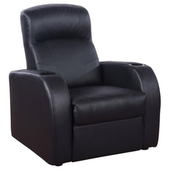 Sophisticated and modern, this sleek black recliner is perfect for a home theater. Designed with comfort in mind, the seat features a high back cushions and low arms. The rounded edges bring a soft feel to the sleek lines. Build a set of side by side recl