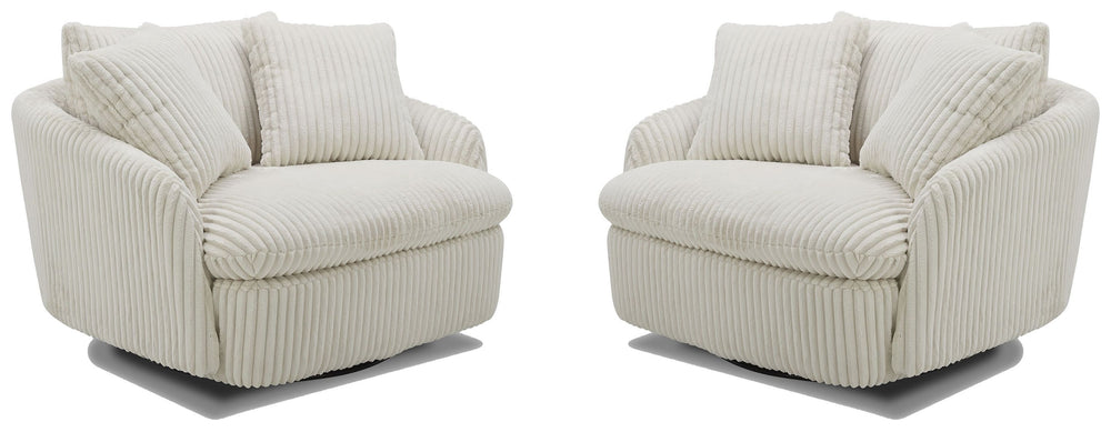 Dreamy comfort awaits with the Boomer oversized swivel chair. Comfy and cozy, its generous proportions are ideal for snuggling and nestling deep for relaxation. Its rounded silhouette has low arms and is complemented by a back pillow and two comfort pillo