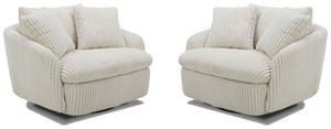 Dreamy comfort awaits with the Boomer oversized swivel chair. Comfy and cozy, its generous proportions are ideal for snuggling and nestling deep for relaxation. Its rounded silhouette has low arms and is complemented by a back pillow and two comfort pillo