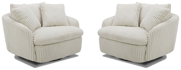 Dreamy comfort awaits with the Boomer oversized swivel chair. Comfy and cozy, its generous proportions are ideal for snuggling and nestling deep for relaxation. Its rounded silhouette has low arms and is complemented by a back pillow and two comfort pillo