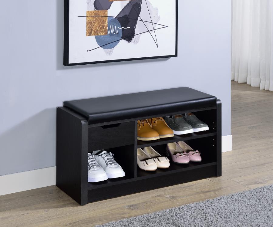 Make your entryway or garage both functional and stylish with this versatile storage bench, designed to keep your space organized. Featuring a foam cushion upholstered in sleek black faux leather, this bench offers a comfortable seat while you put on or t