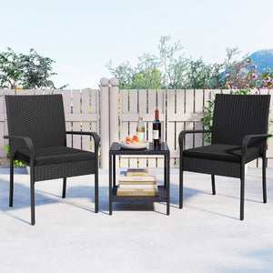 Crafted from appealing and long-lasting PE rattan<br>Comfortable to sit with ergonomic backrest and armrests<br>Soft seat cushions bring more coziness<br>Zippered cushion covers for simple maintenance<br>Side table with 2-tier design for more storage spac