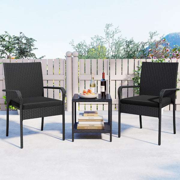 Crafted from appealing and long-lasting PE rattan<br>Comfortable to sit with ergonomic backrest and armrests<br>Soft seat cushions bring more coziness<br>Zippered cushion covers for simple maintenance<br>Side table with 2-tier design for more storage spac