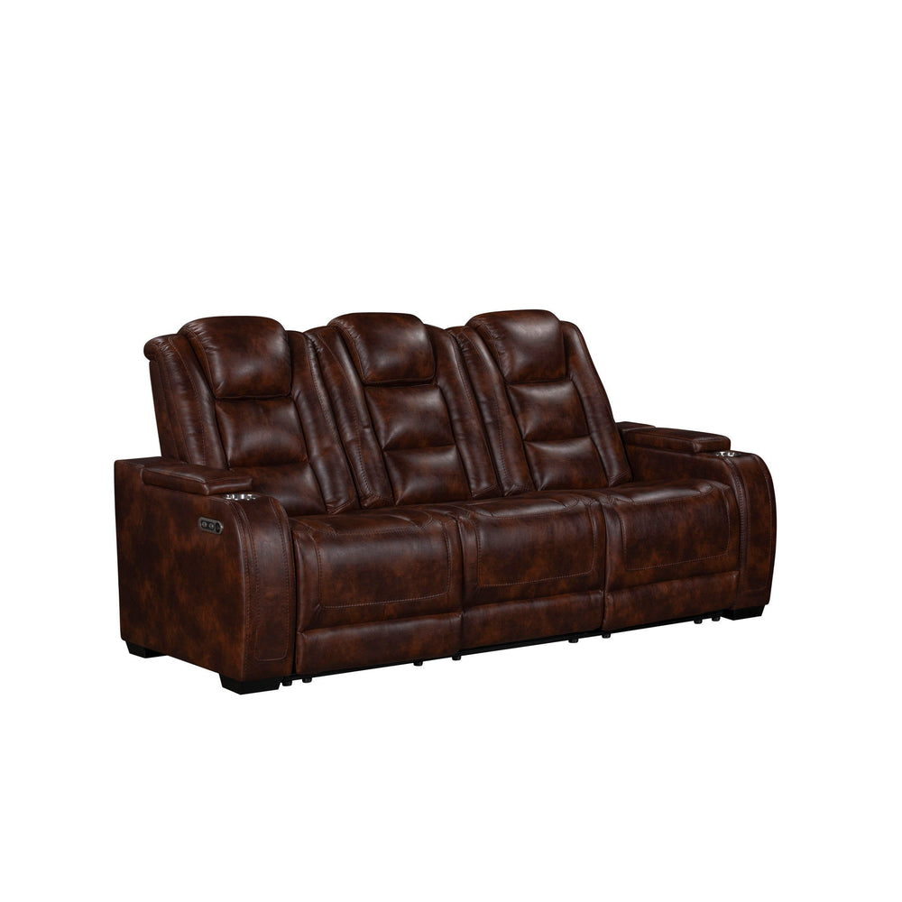 The Chester Reclining Sofa with power headrest and footrest in brown is a marvel of modern design, seamlessly combining style, comfort, and functionality. Its quality construction features hardwood and plywood interior frames and sturdy motion mechanisms,