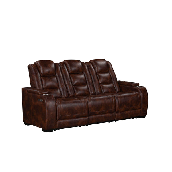 The Chester Reclining Sofa with power headrest and footrest in brown is a marvel of modern design, seamlessly combining style, comfort, and functionality. Its quality construction features hardwood and plywood interior frames and sturdy motion mechanisms,