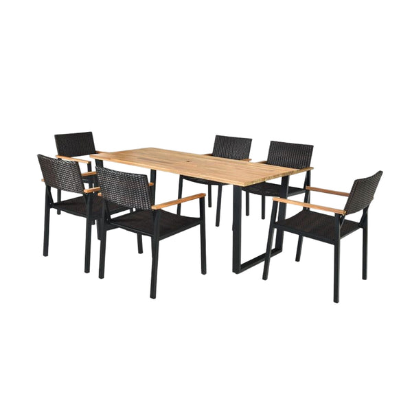 Table made of premium acacia wood and steel frame  sturdy and durable <br>Unique leg structure offers powerful support and stability <br>Weather-resistant and waterproof rattan chairs  easy to clean <br>Wide armrest of acacia wood top for extra comfort <b