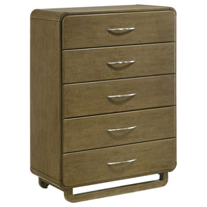 This five-drawer chest provides ample storage space while maintaining a sleek, contemporary aesthetic. The nutmeg wood finish offers a rich and inviting feel, while the rounded corners soften the design for a modern look. Each drawer is fitted with metal 