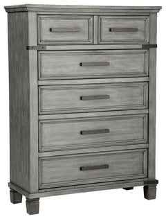 What-'s old is what-'s new with this chest. Serving up a fresh look in urban farmhouse style, the eclectic piece features a light weathered gray finish with dark aged bronze-tone bar pulls and metal straps for a casually cool sensibility. Profiled drawer 