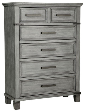 What-'s old is what-'s new with this chest. Serving up a fresh look in urban farmhouse style, the eclectic piece features a light weathered gray finish with dark aged bronze-tone bar pulls and metal straps for a casually cool sensibility. Profiled drawer 