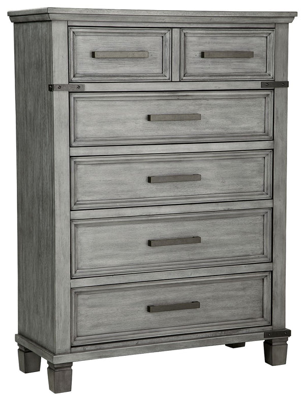 What-'s old is what-'s new with this chest. Serving up a fresh look in urban farmhouse style, the eclectic piece features a light weathered gray finish with dark aged bronze-tone bar pulls and metal straps for a casually cool sensibility. Profiled drawer 