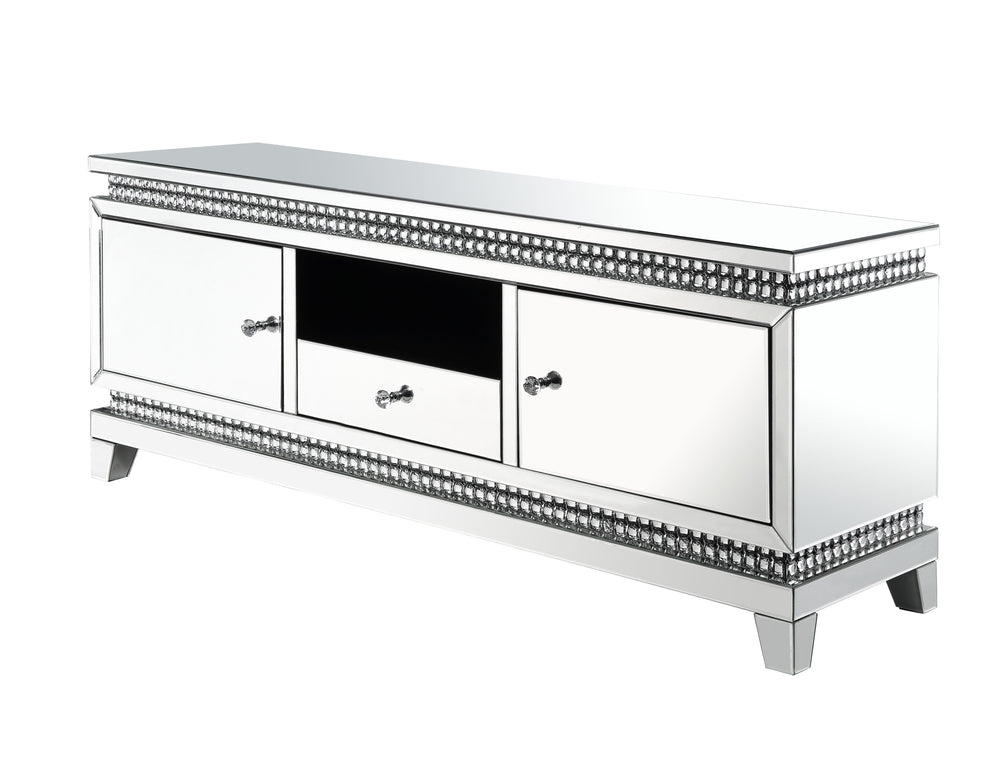 Indulge in some Hollywood glamour while enjoy your TV time. The Lotus TV stand boasts a glimmering border with faux crystals that make it stand out in a bright glam style. It-'s mirrored surfaces add depth and shine to room areas, giving you a clear and s