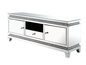 Indulge in some Hollywood glamour while enjoy your TV time. The Lotus TV stand boasts a glimmering border with faux crystals that make it stand out in a bright glam style. It-'s mirrored surfaces add depth and shine to room areas, giving you a clear and s