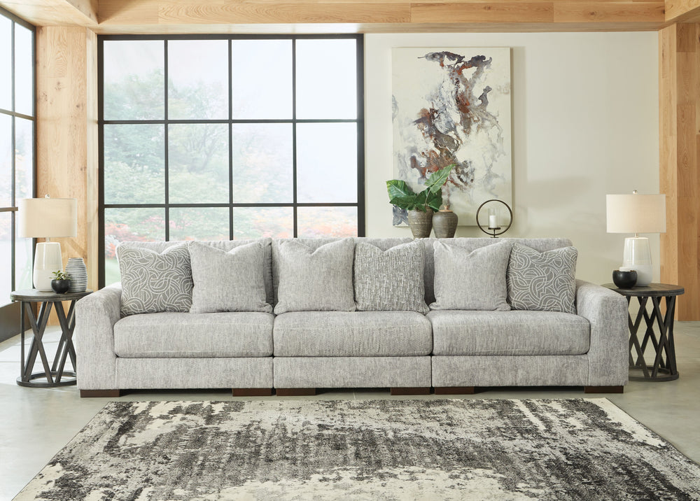 Sit back and enjoy the velvety softness of this sectional. Its contemporary design is accentuated by a subtle chevron pattern that masters the art of smart and sophisticated style. <h4><b>Regent Park - Pewter - LAF Corner Chair</b></h4> <table width=-"100