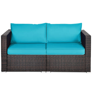 Power coated and solid steel frame adds sturdiness and durability<br>Tight and hand-woven rattan to withstand change of weather<br>2 of the corner sofas can be used separately<br>Aluminum foot pads protect bottom rattan from scratching<br>Wide armrest for