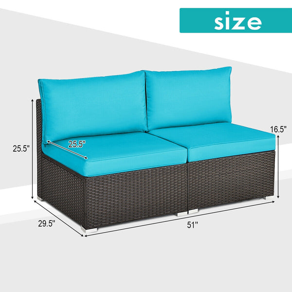 Power coated and solid steel frame adds sturdiness<br>Tight and hand-woven rattan to withstand change of weather<br>Two of the armless chairs can be used separately<br>Aluminum foot pads protect bottom rattan from scratching<br>Can be added to the same st