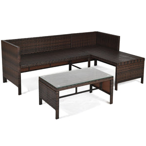 Outdoor sectional sofa  available for 3-4 friends comfortably with a glass table to hold food and drinks <br>Premium transparent tempered glass top  securely placed on the sturdy wicker table  more convenient to clean <br>L-shape design fits any corner of