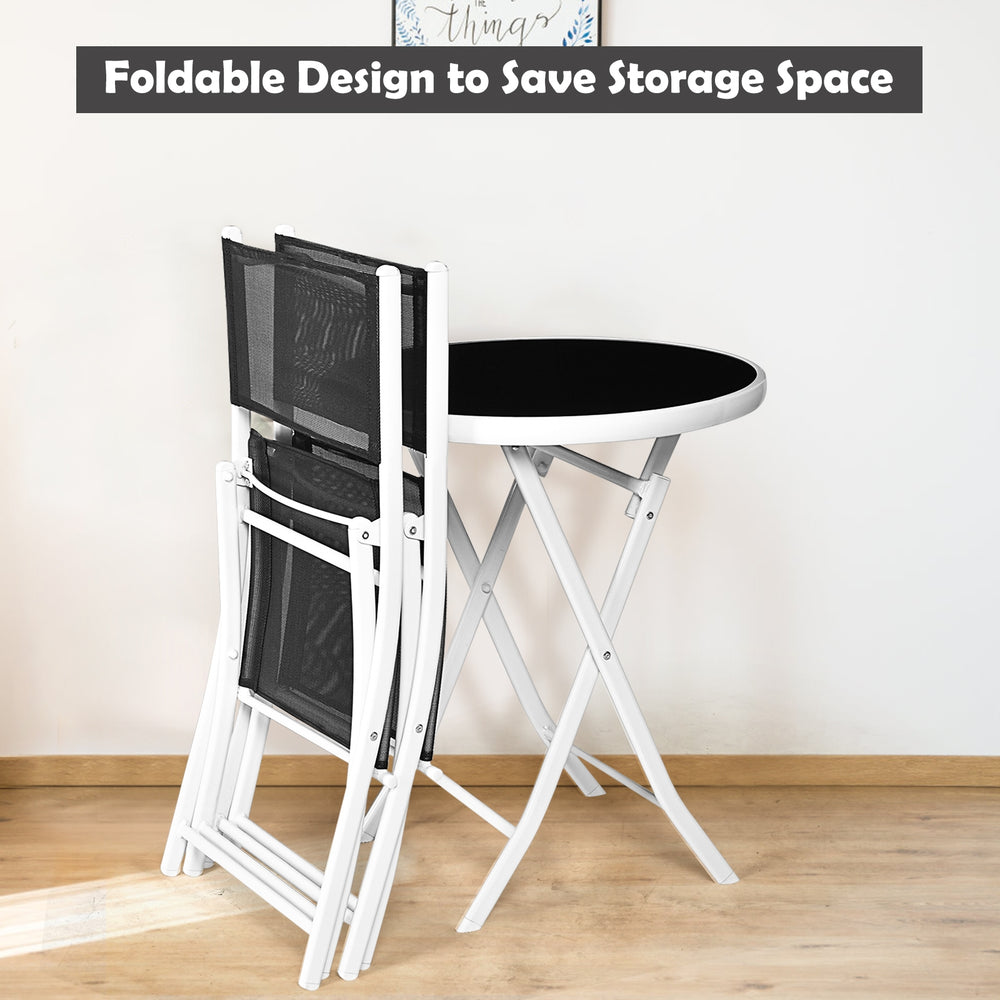 High quality and brand new<br>Including 2 chairs  and 1 coffee table with glass top<br>Durable textile fiber material<br>Sturdy steel frame<br>Folding frame make it convenient to store and move<br>The reinforced glass table top greatly increases the durab