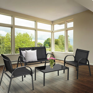 Including 1 loveseat  2 single sofas  and 1 tea table with a glass top<br>High quality and brand new<br>Modern and fashionable design<br>Solid steel frame  durable and sturdy<br>Tea table with a large tabletop<br>Perfect display<br>Wonderful for outdoor l