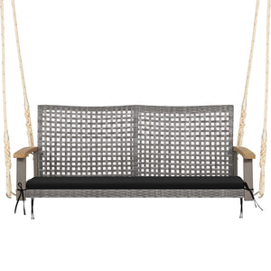 Spacious seat with 47" width allows 2 people to swing together<br>Curved seat  backrest and acacia wood armrests for more comfort<br>Heavy-duty steel frame ensures 800 lbs load capacity<br>Mix gray PE rattan is elegant and weather resistant<br>Include a c