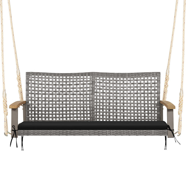 Spacious seat with 47" width allows 2 people to swing together<br>Curved seat  backrest and acacia wood armrests for more comfort<br>Heavy-duty steel frame ensures 800 lbs load capacity<br>Mix gray PE rattan is elegant and weather resistant<br>Include a c